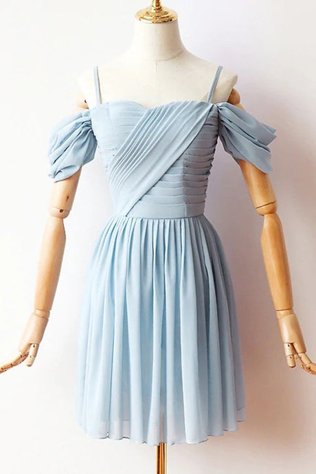 Blue A-line Spaghetti Straps Chiffon Short Prom Dresses, Homecoming Dresses