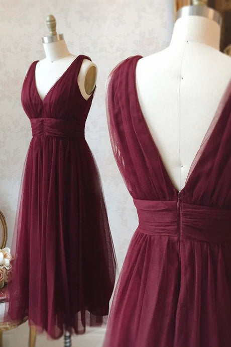 Burgundy V-neck Sleeveless Mid length Tulle Prom Dress Homecoming Dress