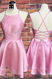Short Pink Halter Sleeveless Satin Homecoming Dresses