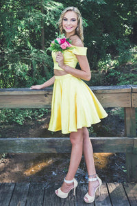 Two Pieces Yellow Off-the-shoulder Satin Short Prom Dresses, Homecoming Dresses