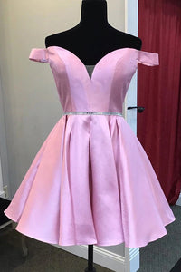 A-Line Off-The-Shoulder Pink Satin Homecoming Dress With Beaded Waist