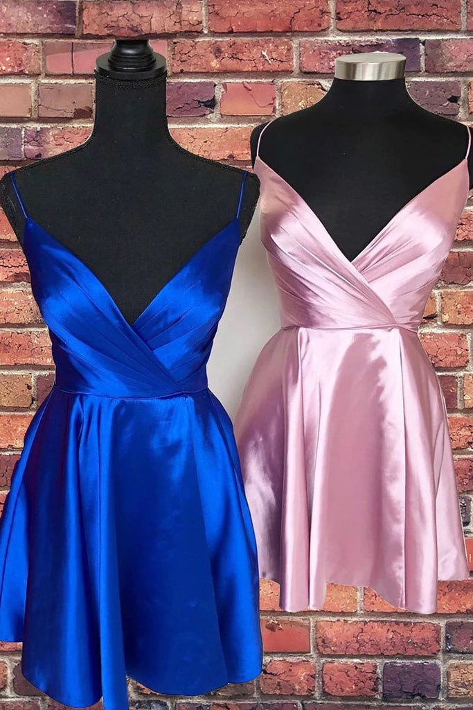 Sexy Short V-Neck Spaghetti Straps Satin Homecoming Dress