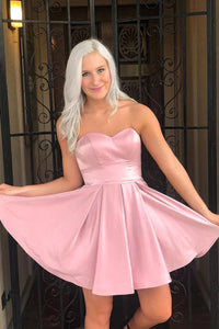 Simple Short Pink A-Line Sweetheart Satin Homecoming Dress