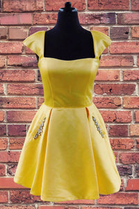 A-Line Yellow Cap Sleeves Satin Homecoming Dress With Pockets