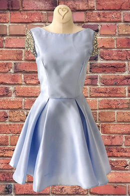 A- Line Blue Round Neck Satin Cap Sleeves Homecoming Dress