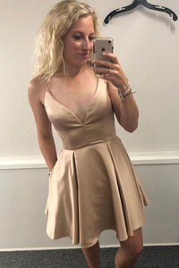 Simple Short Champagne V-neck Satin Homecoming Dress With Pockets