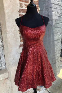 Short A-Line Burgundy Criss-Cross Sequins Homecoming Dress