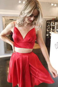 Red Short Two pieces V-neck Satin Homecoming Dress