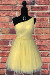 A-line One Shoulder Yellow Tulle Beading Homecoming Dress