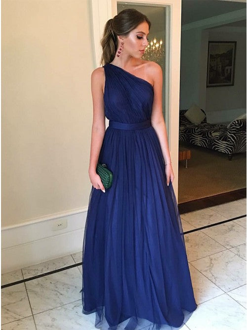 Royal Blue A-Line One Shoulder Long Prom Dress Bridesmaid Dress OP398