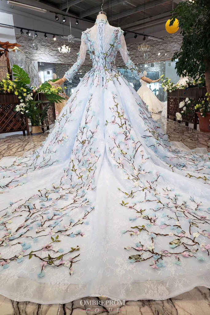 Delicate Lace Long Sleeves Cinderella Wedding Dress with Embroidery Appliques OW410