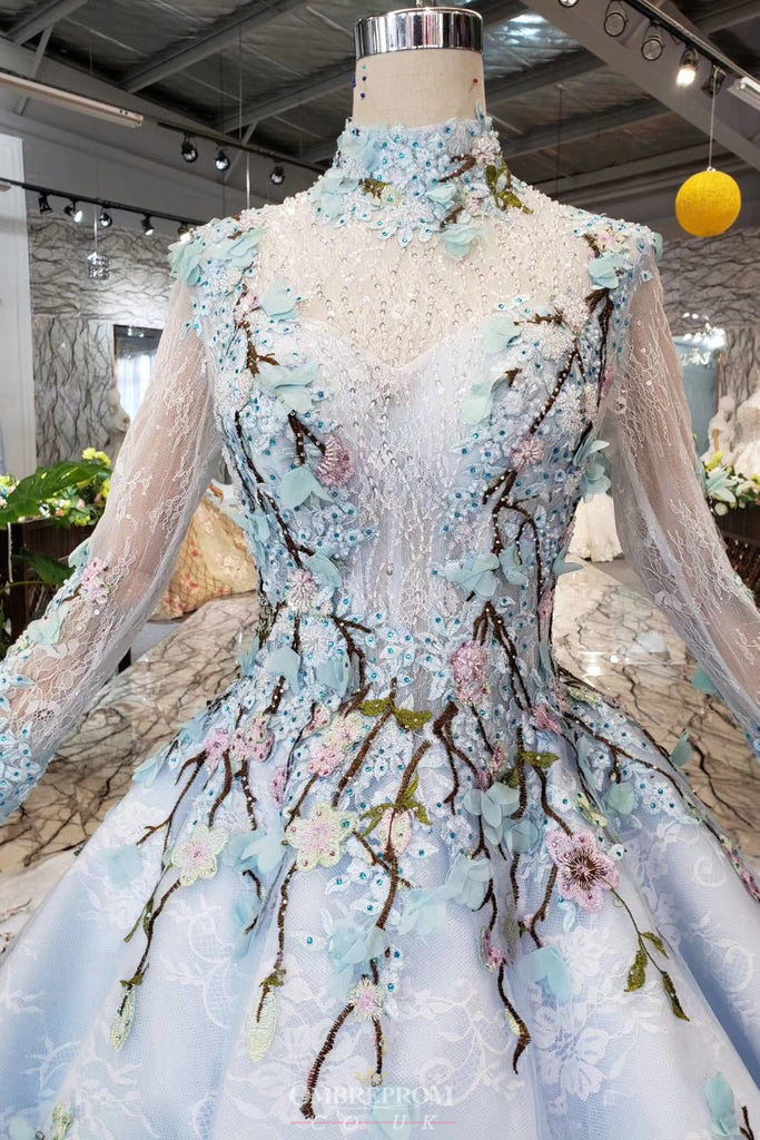 Delicate Lace Long Sleeves Cinderella Wedding Dress with Embroidery Appliques OW410