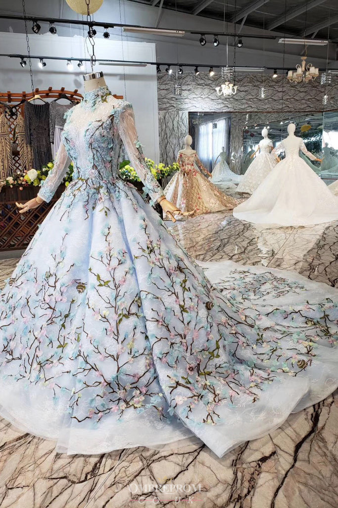 Delicate Lace Long Sleeves Cinderella Wedding Dress with Embroidery Appliques OW410