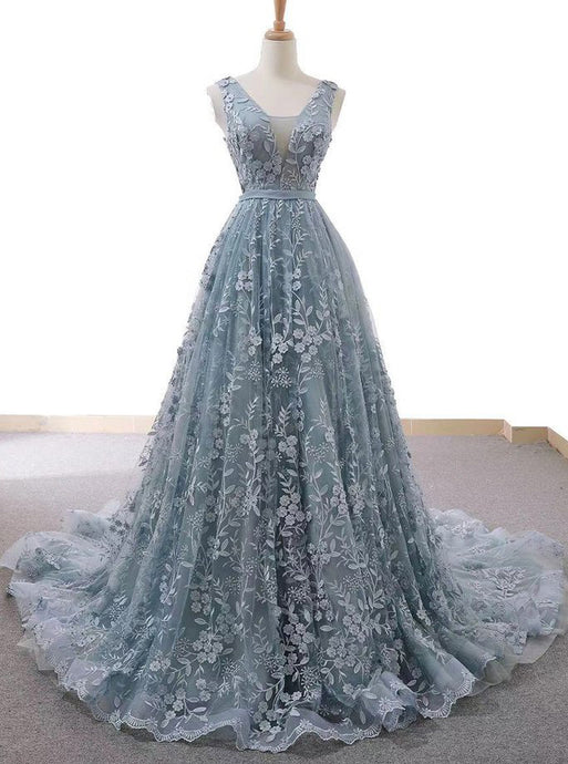 Dusty Blue Tulle Long Prom Dress With Appliques Formal Gown OP653