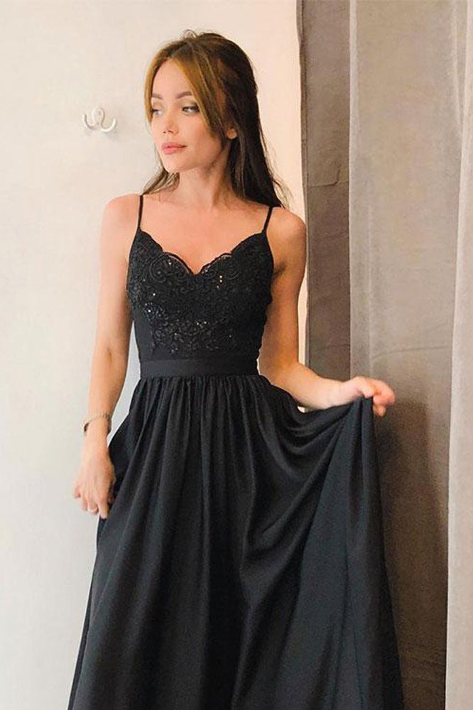 Elegant A-line Spaghetti-straps Long Black Prom Dress with Split OP351