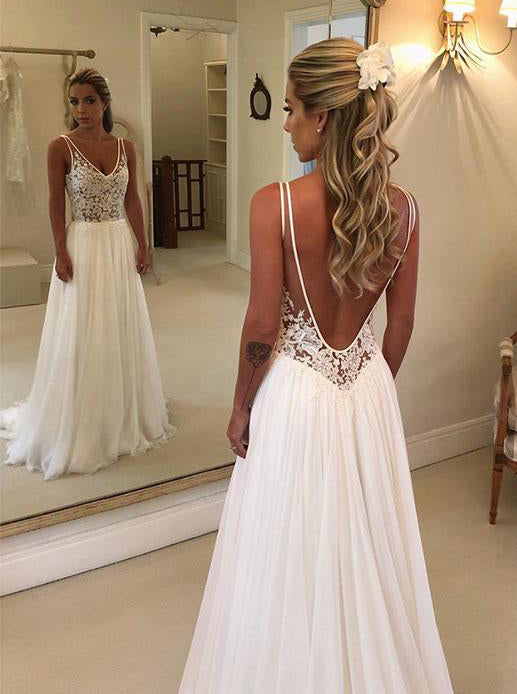 Elegant Chiffon Lace Applique Backless Beach Wedding Dress OW334