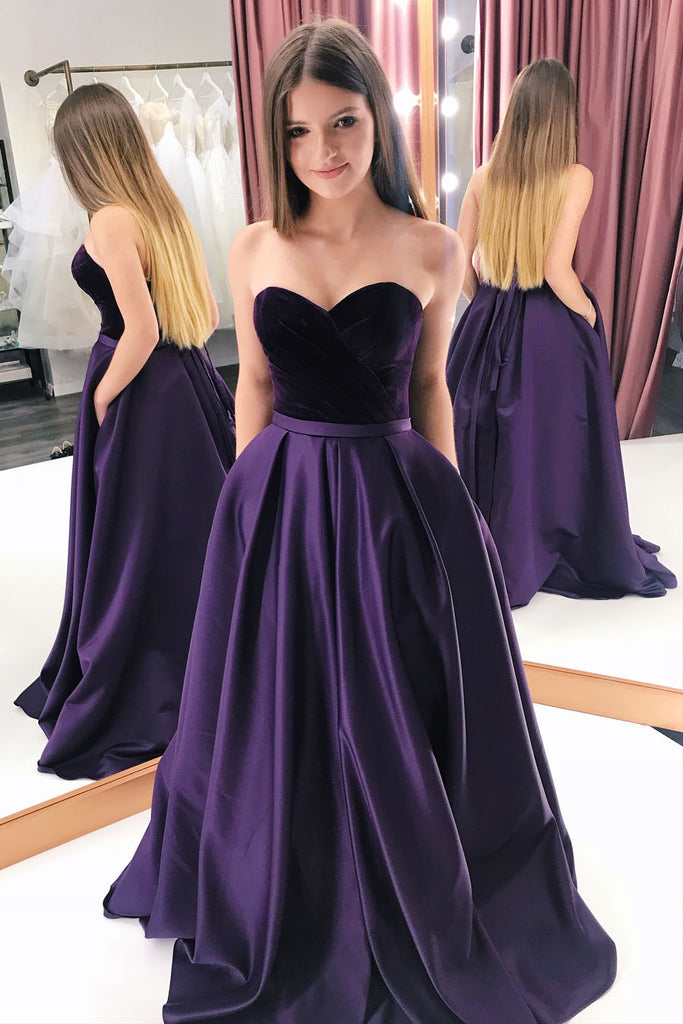 Elegant Purple Satin Sweetheart Long Prom Dress With Pockets OP452