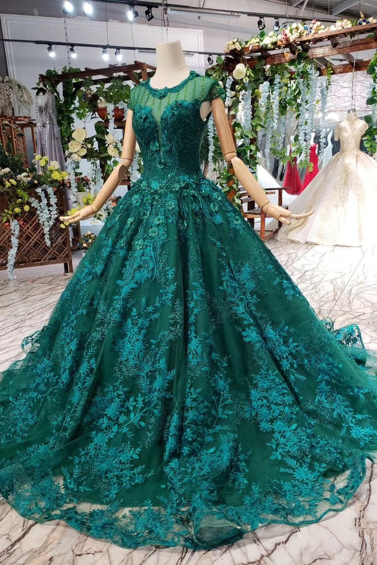 Elegant Scoop Cap Sleeves Prom Dress With Appliques Military Ball Gown OP642