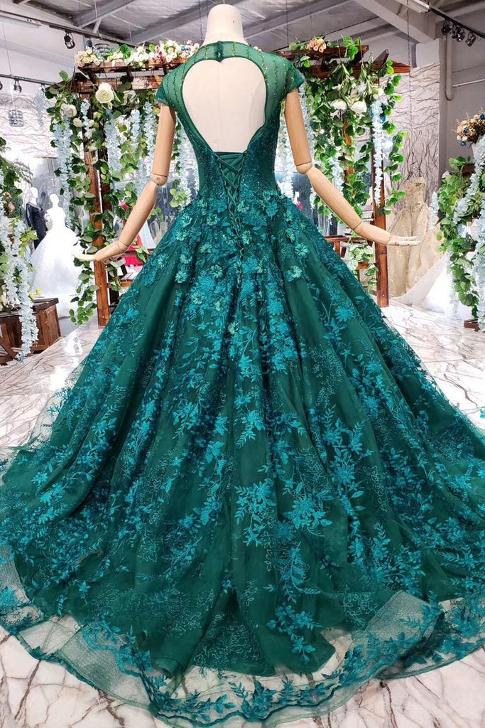 Elegant Scoop Cap Sleeves Prom Dress With Appliques Military Ball Gown OP642