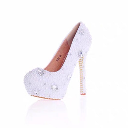 Patent Leather Closed Toe With Pearl Rhinestone White Wedding Shoes OS120