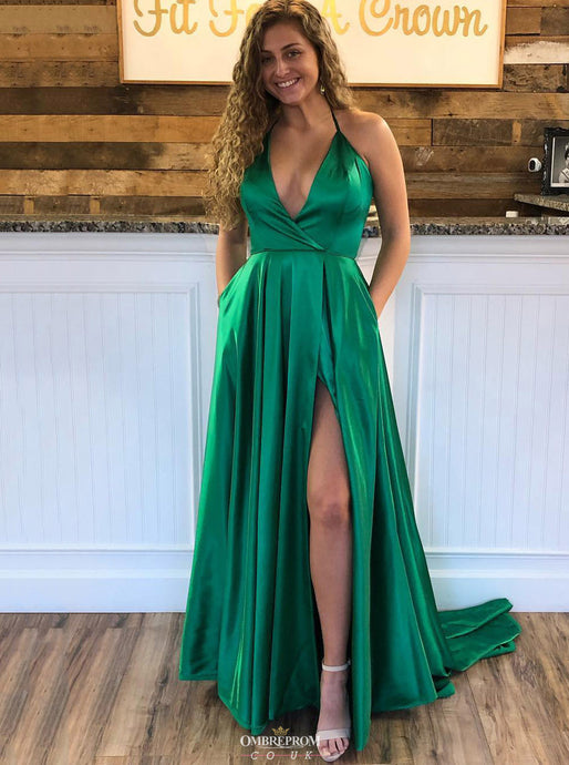 Green Halter Long Prom Dress V-Neck Split Evening Gown OP549