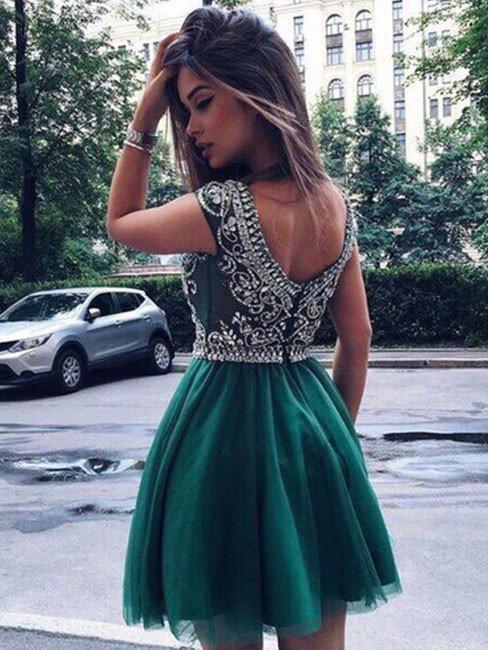 Chic V-Back Tulle Beading Homecoming Dress With Rhinestones OM102
