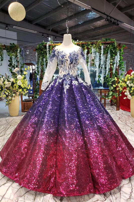 Sparkly Long Sleeve Ball Gown Sequins Ombre Quinceanera Dresses With Appliques PO054