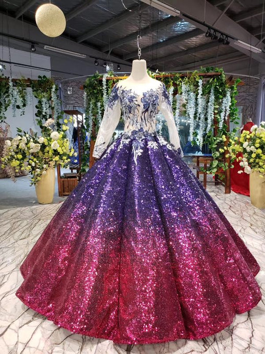 Sparkly Long Sleeve Ball Gown Sequins Ombre Quinceanera Dresses With Appliques PO054