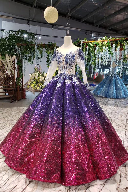 Sparkly Long Sleeve Ball Gown Sequins Ombre Quinceanera Dresses With Appliques PO054