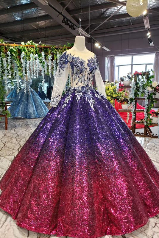 Sparkly Long Sleeve Ball Gown Sequins Ombre Quinceanera Dresses With Appliques PO054