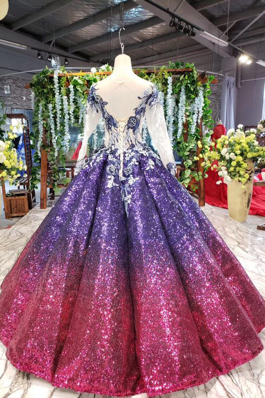 Sparkly Long Sleeve Ball Gown Sequins Ombre Quinceanera Dresses With Appliques PO054