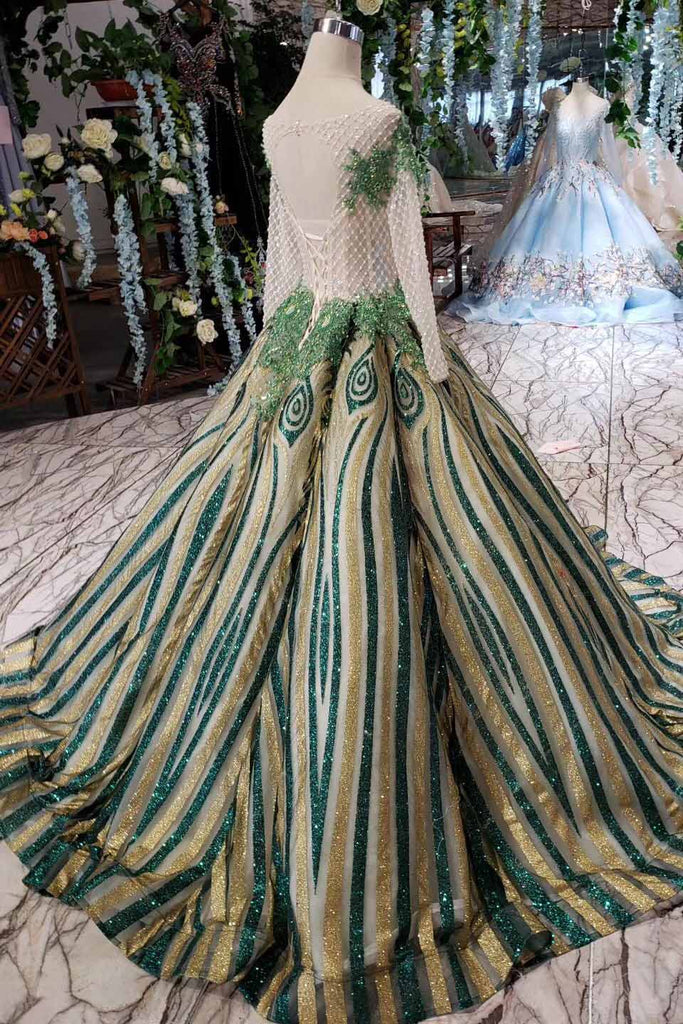 Luxurious Sequins Beaded Long Sleeves Ball Gown Quinceanera Gown OP719