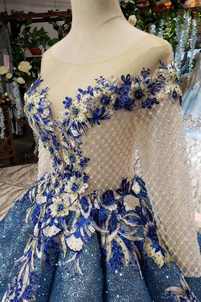 Glitter Beaded Appliques Long Sleeves Blue Ball Gown Quinceanera Gown OP720