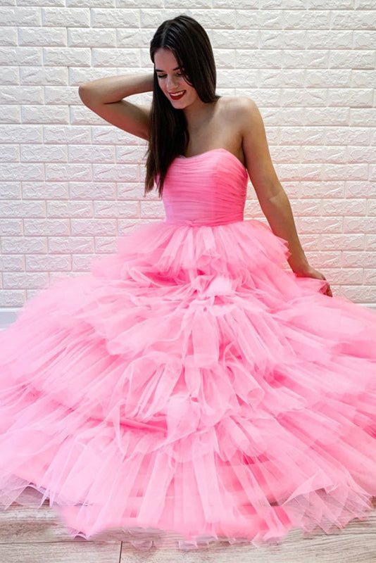 Pink Tulle Sweet 16 Dresses Princess Strapless Long Formal Prom Dresses PO151