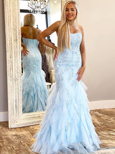 Sky Blue Mermaid Prom Dresses With Appliques Strapless Formal Evening Dresses PO149