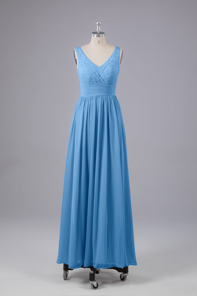 Vintage A-line V-neck Sleeveless Long Bridesmaid Dresses