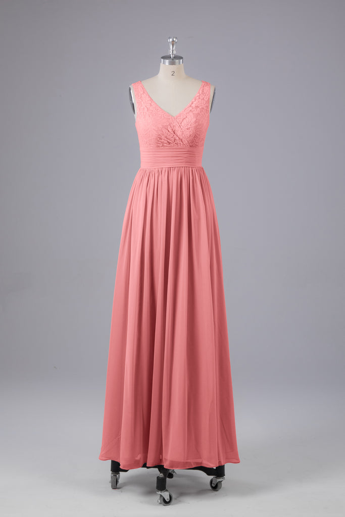 Vintage A-line V-neck Sleeveless Long Bridesmaid Dresses