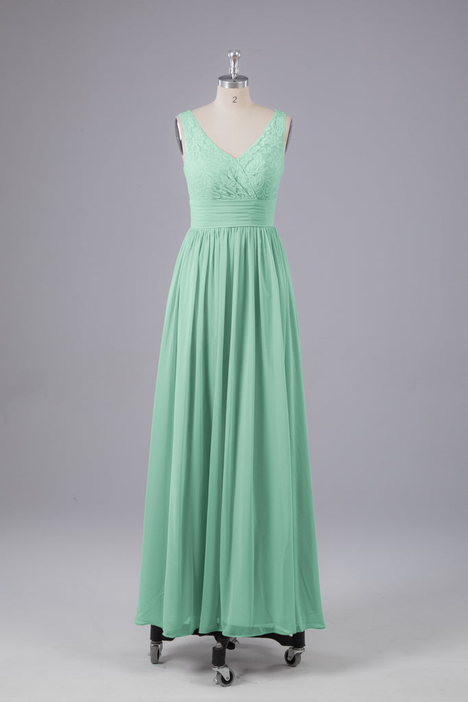 Vintage A-line V-neck Sleeveless Long Bridesmaid Dresses
