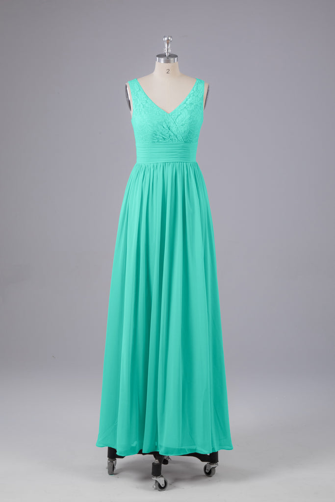 Vintage A-line V-neck Sleeveless Long Bridesmaid Dresses