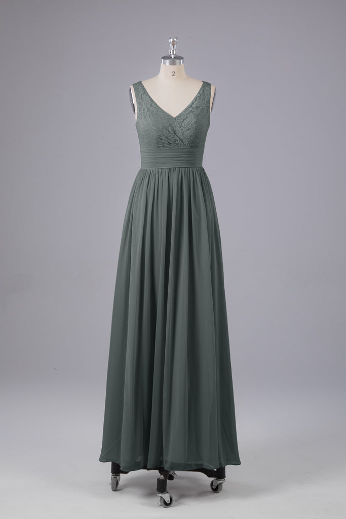 Vintage A-line V-neck Sleeveless Long Bridesmaid Dresses