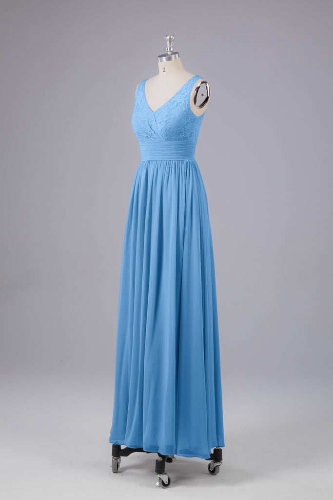Vintage A-line V-neck Sleeveless Long Bridesmaid Dresses