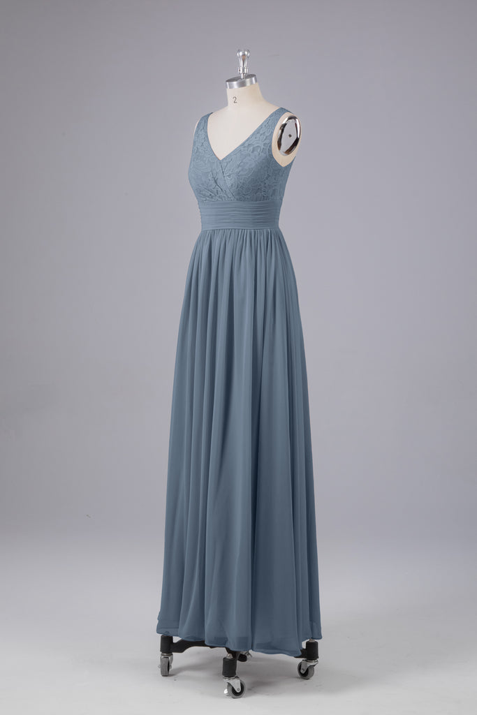 Vintage A-line V-neck Sleeveless Long Bridesmaid Dresses