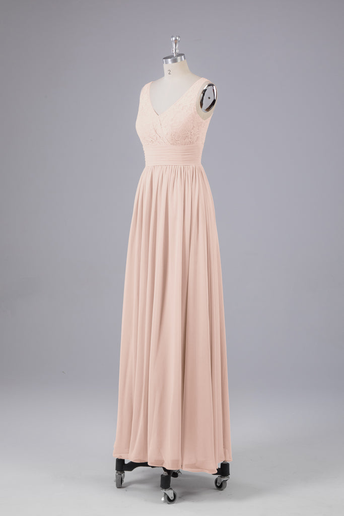 Vintage A-line V-neck Sleeveless Long Bridesmaid Dresses