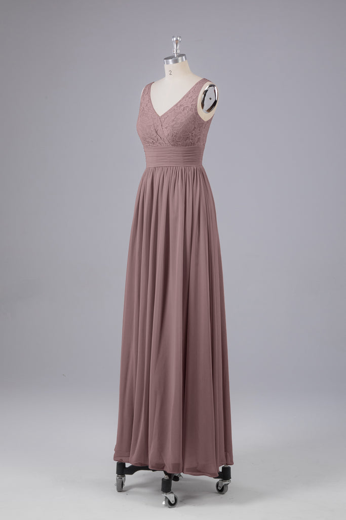 Vintage A-line V-neck Sleeveless Long Bridesmaid Dresses