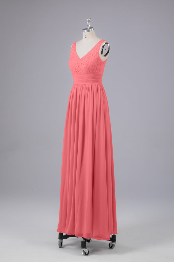 Vintage A-line V-neck Sleeveless Long Bridesmaid Dresses