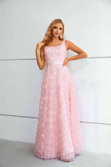 Pink Square Straps Long Prom Dress With Split