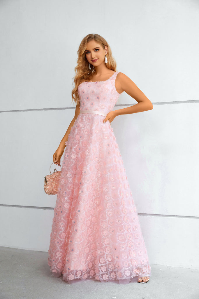 Pink Square Straps Long Prom Dress With Split