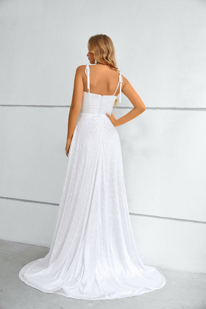 A-Line White Spaghetti-Straps Long Prom Dress
