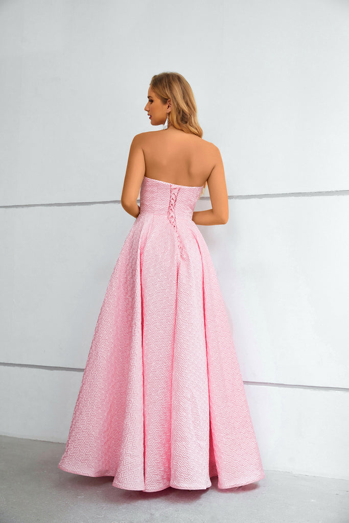 Pink Strapless Sleeveless Long Prom Dress With Pleats