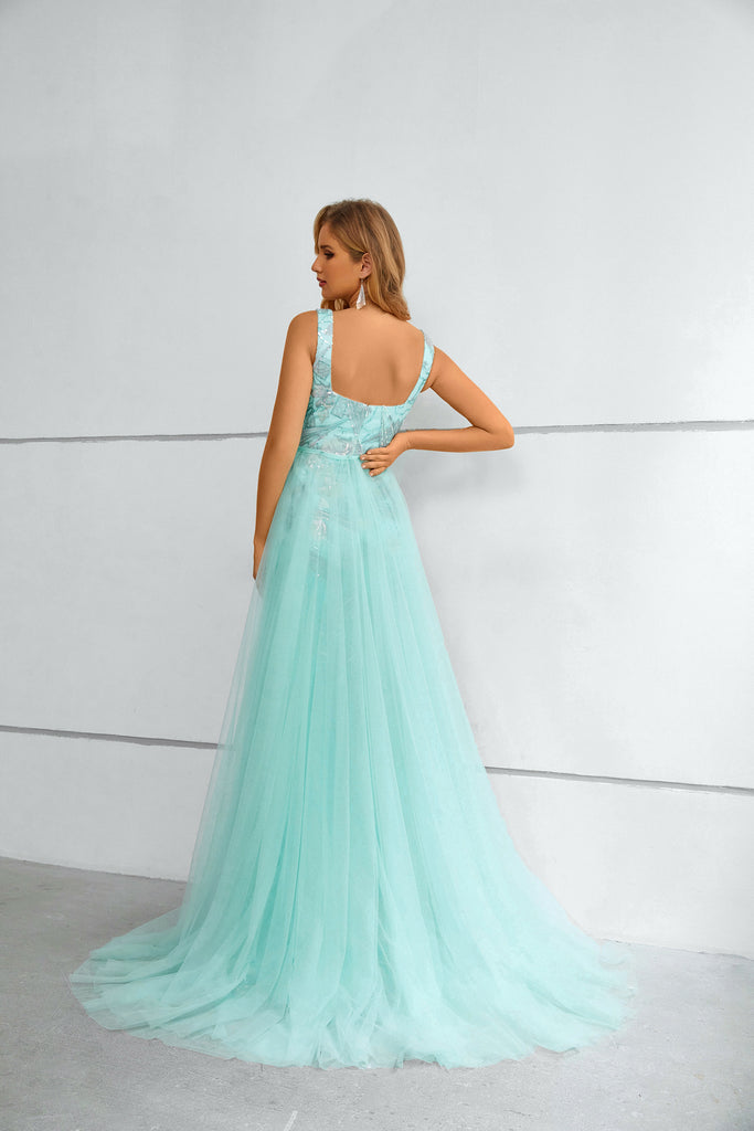 Square Straps Sleeveless Lace Long Prom Dress
